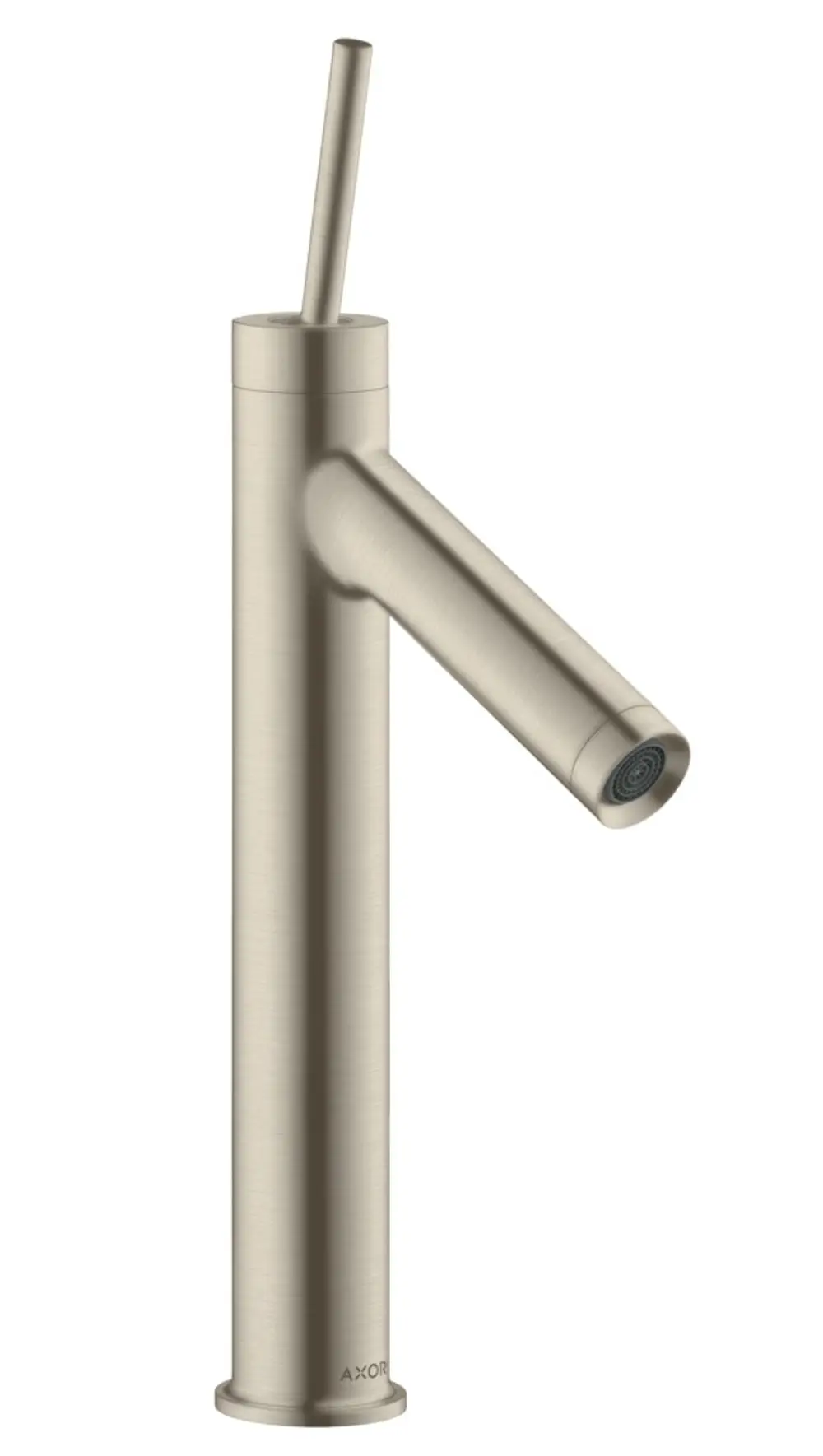 Einhebel-Waschtischmischer in Brushed Nickel von AXOR, mit einem schlichten Design und einem seitlichen Griff zur Temperatur- und Mengenregelung.